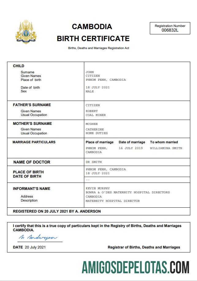 Em branco modelo Word e PDF de certidão de nascimento do Camboja
